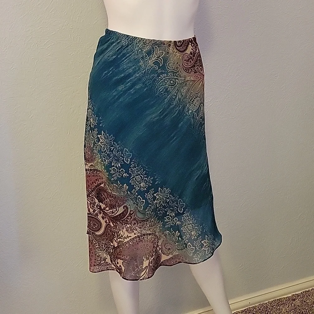 VTG BARANDA Y2k Fairycore Teal Paisley Chiffon Elastic Waist Longline Skirt